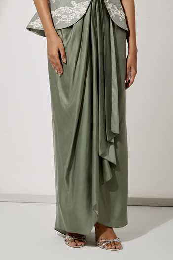 Shop Aum By Asit And Ashima Green Silk, Satin Plunge Neck Sage Foil Top And Draped Skirt Set Online at Aza Fashions Shop_Aum By Asit And Ashima_Green Silk, Satin Plunge Neck Sage Foil Top And Draped Skirt Set _Online_at_Aza_Fashions