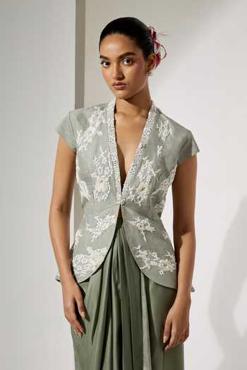 Aum By Asit And Ashima Green Silk, Satin Plunge Neck Sage Foil Top And Draped Skirt Set at Aza Fashions Aum By Asit And Ashima_Green Silk, Satin Plunge Neck Sage Foil Top And Draped Skirt Set _at_Aza_Fashions