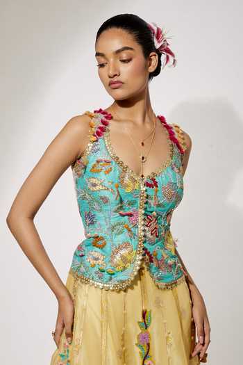 Buy Aum By Asit And Ashima Blue Silk, Organza Embroidery, Beads, Zari V-neck Celeste Corset And Skirt Set Online at Aza Fashions Buy_Aum By Asit And Ashima_Blue Silk, Organza Embroidery, Beads, Zari V-neck Celeste Corset And Skirt Set _Online_at_Aza_Fashions