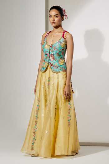 Shop Aum By Asit And Ashima Blue Silk, Organza Embroidery, Beads, Zari V-neck Celeste Corset And Skirt Set Online at Aza Fashions Shop_Aum By Asit And Ashima_Blue Silk, Organza Embroidery, Beads, Zari V-neck Celeste Corset And Skirt Set _Online_at_Aza_Fashions