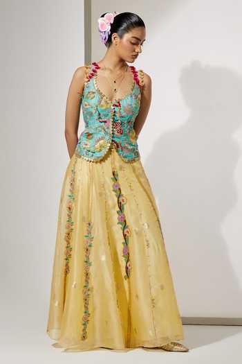 Aum By Asit And Ashima Blue Silk, Organza Embroidery, Beads, Zari V-neck Celeste Corset And Skirt Set at Aza Fashions Aum By Asit And Ashima_Blue Silk, Organza Embroidery, Beads, Zari V-neck Celeste Corset And Skirt Set _at_Aza_Fashions
