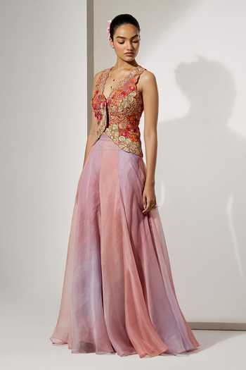 Aum By Asit And Ashima Pink Silk, Organza Sequins, Zari V-neck Blush Embroidered Corset And Skirt Set Online at Aza Fashions Aum By Asit And Ashima_Pink Silk, Organza Sequins, Zari V-neck Blush Embroidered Corset And Skirt Set _Online_at_Aza_Fashions