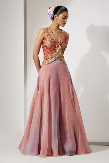Buy Aum By Asit And Ashima Pink Silk, Organza Sequins, Zari V-neck Blush Embroidered Corset And Skirt Set Online at Aza Fashions Buy_Aum By Asit And Ashima_Pink Silk, Organza Sequins, Zari V-neck Blush Embroidered Corset And Skirt Set _Online_at_Aza_Fashions
