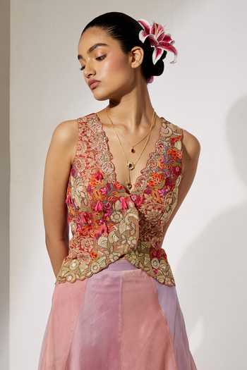 Shop Aum By Asit And Ashima Pink Silk, Organza Sequins, Zari V-neck Blush Embroidered Corset And Skirt Set Online at Aza Fashions Shop_Aum By Asit And Ashima_Pink Silk, Organza Sequins, Zari V-neck Blush Embroidered Corset And Skirt Set _Online_at_Aza_Fashions