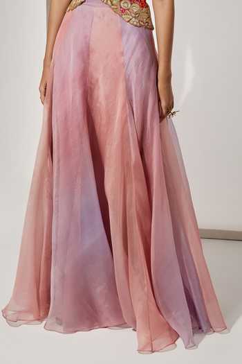 Aum By Asit And Ashima Pink Silk, Organza Sequins, Zari V-neck Blush Embroidered Corset And Skirt Set at Aza Fashions Aum By Asit And Ashima_Pink Silk, Organza Sequins, Zari V-neck Blush Embroidered Corset And Skirt Set _at_Aza_Fashions