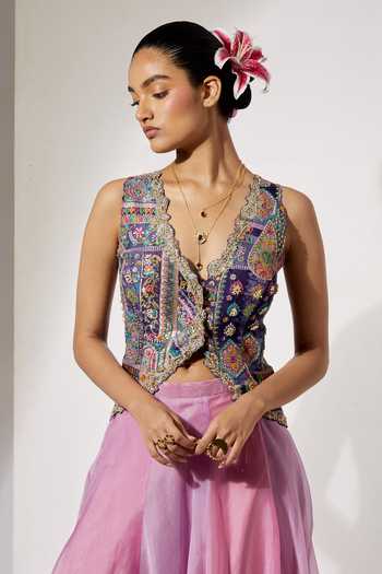 Aum By Asit And Ashima Purple Silk, Organza Sequins, Mirrors Lavender Embroidered Corset And Skirt Set Online at Aza Fashions Aum By Asit And Ashima_Purple Silk, Organza Sequins, Mirrors Lavender Embroidered Corset And Skirt Set _Online_at_Aza_Fashions