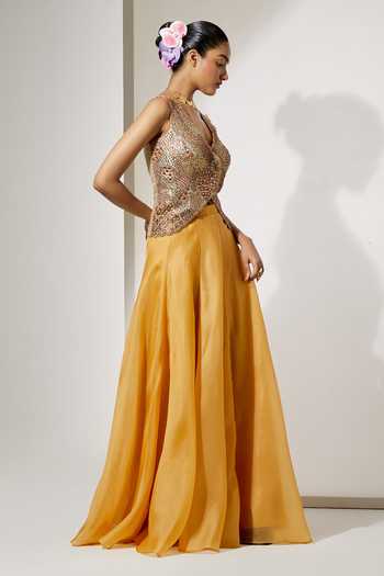 Aum By Asit And Ashima_Gold Silk, Organza Sequins, Beads, Stones V-neck Embroidered Corset And Skirt Set _Online_at_Aza_Fashions