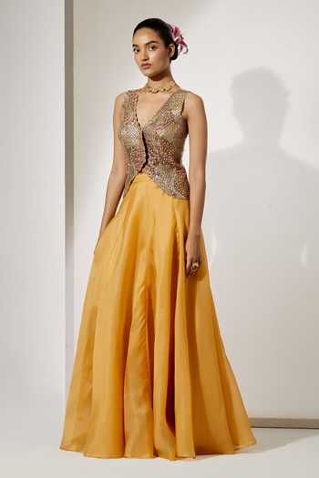 Buy_Aum By Asit And Ashima_Gold Silk, Organza Sequins, Beads, Stones V-neck Embroidered Corset And Skirt Set _Online_at_Aza_Fashions