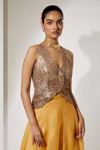Aum By Asit And Ashima_Gold Silk, Organza Sequins, Beads, Stones V-neck Embroidered Corset And Skirt Set _at_Aza_Fashions