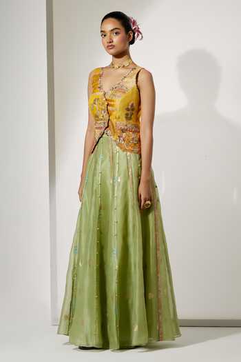 Aum By Asit And Ashima Yellow Organza Sequins, Beads, Zari, Sunflower Embroidered Corset And Skirt Set Online at Aza Fashions Aum By Asit And Ashima_Yellow Organza Sequins, Beads, Zari, Sunflower Embroidered Corset And Skirt Set _Online_at_Aza_Fashions