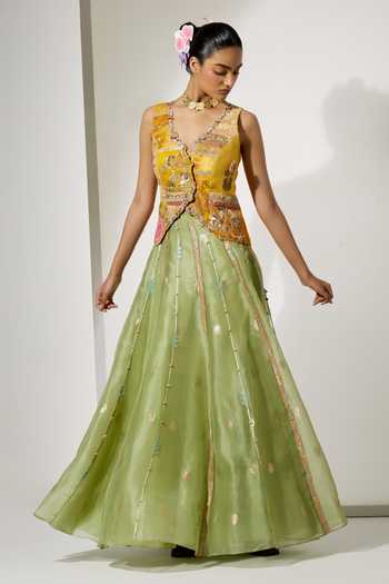 Aum By Asit And Ashima Sunflower Embroidered Corset & Skirt Set 