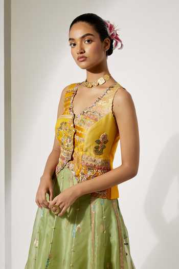 Shop Aum By Asit And Ashima Yellow Organza Sequins, Beads, Zari, Sunflower Embroidered Corset And Skirt Set Online at Aza Fashions Shop_Aum By Asit And Ashima_Yellow Organza Sequins, Beads, Zari, Sunflower Embroidered Corset And Skirt Set _Online_at_Aza_Fashions
