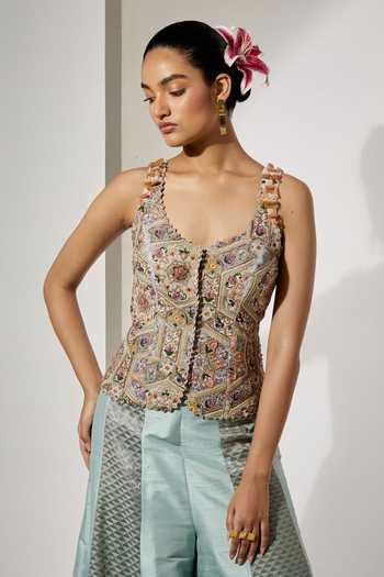 Aum By Asit And Ashima Pink Silk Sequins, Beads, Zari Scoop Neck Embroidered Corset And Sharara Set Online at Aza Fashions Aum By Asit And Ashima_Pink Silk Sequins, Beads, Zari Scoop Neck Embroidered Corset And Sharara Set _Online_at_Aza_Fashions