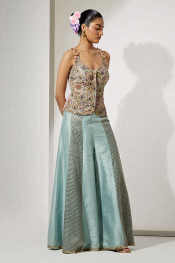 Buy Aum By Asit And Ashima Pink Silk Sequins, Beads, Zari Scoop Neck Embroidered Corset And Sharara Set Online at Aza Fashions Buy_Aum By Asit And Ashima_Pink Silk Sequins, Beads, Zari Scoop Neck Embroidered Corset And Sharara Set _Online_at_Aza_Fashions