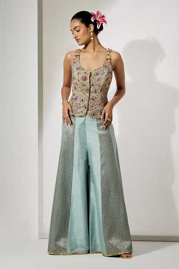 Shop Aum By Asit And Ashima Pink Silk Sequins, Beads, Zari Scoop Neck Embroidered Corset And Sharara Set Online at Aza Fashions Shop_Aum By Asit And Ashima_Pink Silk Sequins, Beads, Zari Scoop Neck Embroidered Corset And Sharara Set _Online_at_Aza_Fashions