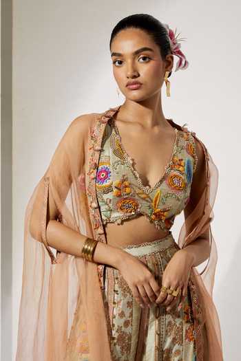 Aum By Asit And Ashima Beige Silk, Brocade V-neck Gold Embroidered Cape Sharara Set Online at Aza Fashions Aum By Asit And Ashima_Beige Silk, Brocade V-neck Gold Embroidered Cape Sharara Set _Online_at_Aza_Fashions