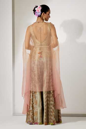 Aum By Asit And Ashima Beige Gold Embroidered Cape Sharara Set 