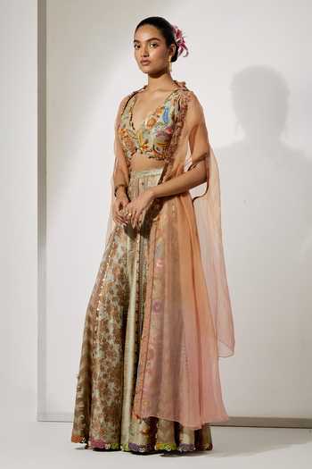 Shop Aum By Asit And Ashima Beige Silk, Brocade V-neck Gold Embroidered Cape Sharara Set Online at Aza Fashions Shop_Aum By Asit And Ashima_Beige Silk, Brocade V-neck Gold Embroidered Cape Sharara Set _Online_at_Aza_Fashions
