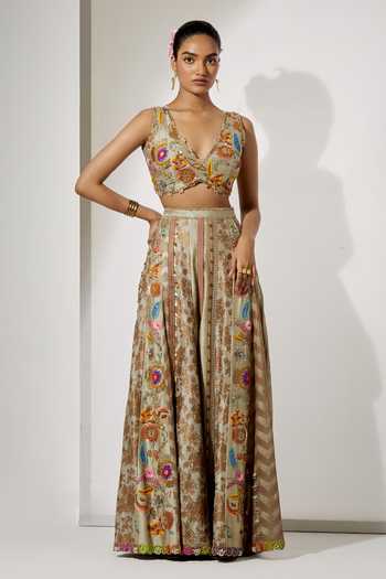 Buy Aum By Asit And Ashima Beige Silk, Brocade V-neck Gold Embroidered Cape Sharara Set Buy_Aum By Asit And Ashima_Beige Silk, Brocade V-neck Gold Embroidered Cape Sharara Set