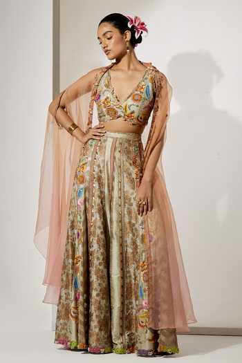 Aum By Asit And Ashima Beige Gold Embroidered Cape Sharara Set 