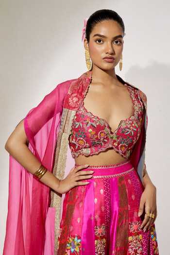 Aum By Asit And Ashima Fuchsia Silk, Brocade Sweetheart Neck Embroidered Cape Sharara Set Online at Aza Fashions Aum By Asit And Ashima_Fuchsia Silk, Brocade Sweetheart Neck Embroidered Cape Sharara Set _Online_at_Aza_Fashions
