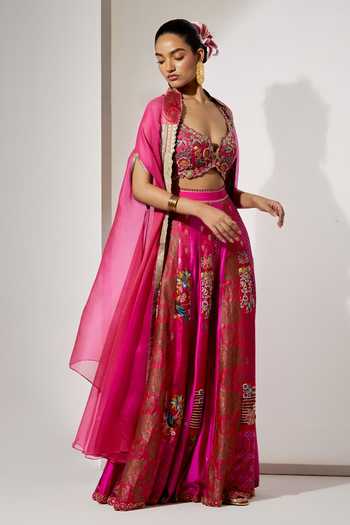 Buy Aum By Asit And Ashima Fuchsia Silk, Brocade Sweetheart Neck Embroidered Cape Sharara Set Online at Aza Fashions Buy_Aum By Asit And Ashima_Fuchsia Silk, Brocade Sweetheart Neck Embroidered Cape Sharara Set _Online_at_Aza_Fashions