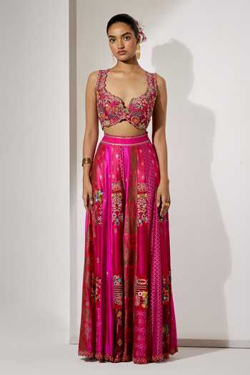 Shop Aum By Asit And Ashima Fuchsia Silk, Brocade Sweetheart Neck Embroidered Cape Sharara Set Online at Aza Fashions Shop_Aum By Asit And Ashima_Fuchsia Silk, Brocade Sweetheart Neck Embroidered Cape Sharara Set _Online_at_Aza_Fashions