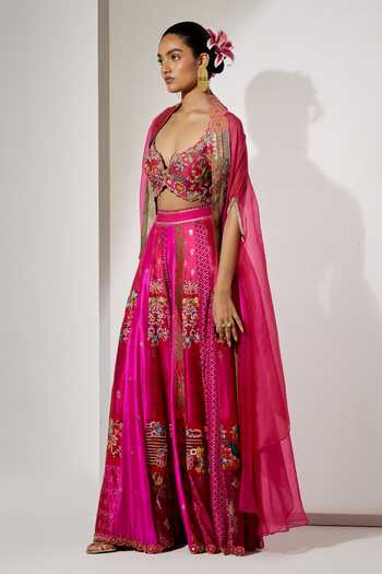 Aum By Asit And Ashima Fuchsia Silk, Brocade Sweetheart Neck Embroidered Cape Sharara Set at Aza Fashions Aum By Asit And Ashima_Fuchsia Silk, Brocade Sweetheart Neck Embroidered Cape Sharara Set _at_Aza_Fashions
