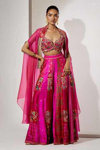 Aum By Asit And Ashima Fuchsia Embroidered Cape Sharara Set 