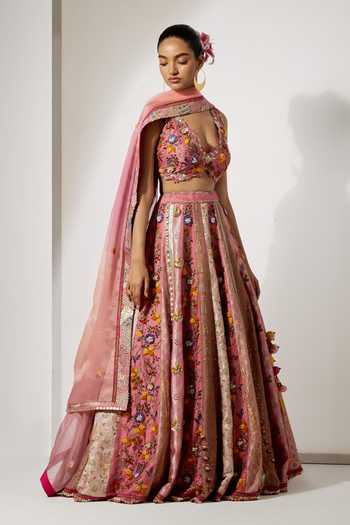 Aum By Asit And Ashima_Pink Silk, Brocade V-neck Rose Embroidered Lehenga Set _Online_at_Aza_Fashions