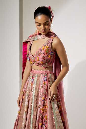 Buy_Aum By Asit And Ashima_Pink Silk, Brocade V-neck Rose Embroidered Lehenga Set _Online_at_Aza_Fashions