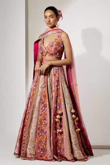 Shop_Aum By Asit And Ashima_Pink Silk, Brocade V-neck Rose Embroidered Lehenga Set _Online_at_Aza_Fashions