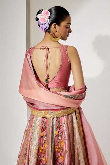 Aum By Asit And Ashima_Pink Silk, Brocade V-neck Rose Embroidered Lehenga Set _at_Aza_Fashions