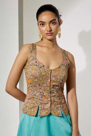 Shop Aum By Asit And Ashima Grey Silk, Organza Embroidery, Beads, Zari, Stones V-neck Corset And Skirt Set Online at Aza Fashions Shop_Aum By Asit And Ashima_Grey Silk, Organza Embroidery, Beads, Zari, Stones V-neck Corset And Skirt Set _Online_at_Aza_Fashions