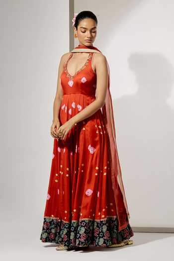 Aum By Asit And Ashima Orange Silk Scoop Neck Gulnaar Printed Anarkali With Dupatta Online at Aza Fashions Aum By Asit And Ashima_Orange Silk Scoop Neck Gulnaar Printed Anarkali With Dupatta _Online_at_Aza_Fashions