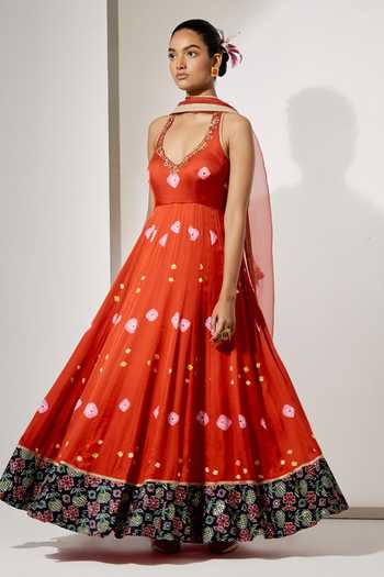 Aum By Asit And Ashima Gulnaar Silk Printed Anarkali With Dupatta 