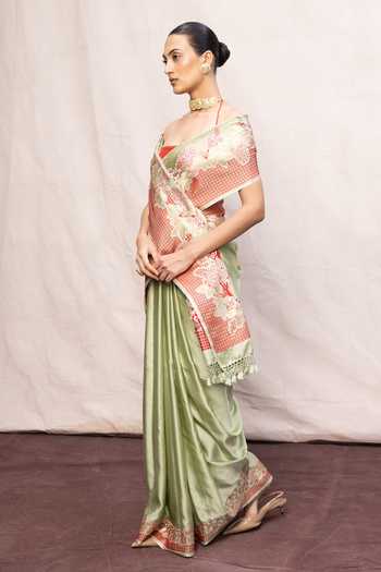 Ekaya Banaras Green Satin Handwoven Silk Banarasi Saree With Running Blouse Online at Aza Fashions Ekaya Banaras_Green Satin Handwoven Silk Banarasi Saree With Running Blouse _Online_at_Aza_Fashions