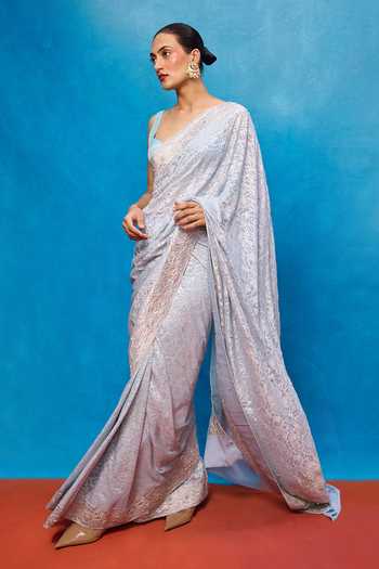 Ekaya Banaras_Sky Blue Chiffon Handwoven Embossed Saree With Running Blouse _Online_at_Aza_Fashions