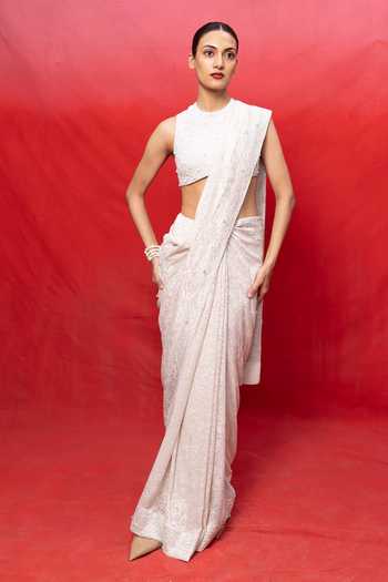 Ekaya Banaras_Off White Chiffon Handwoven Embossed Saree With Running Blouse _Online_at_Aza_Fashions