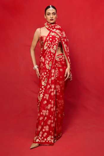 Ekaya Banaras Red Chiffon Banarasi Saree With Running Blouse 
