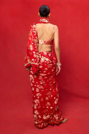 Ekaya Banaras Red Chiffon Banarasi Saree With Running Blouse 