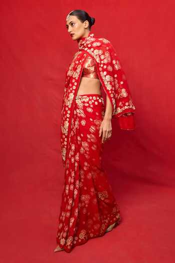 Ekaya Banaras Red Chiffon Banarasi Saree With Running Blouse Online at Aza Fashions Ekaya Banaras_Red Chiffon Banarasi Saree With Running Blouse _Online_at_Aza_Fashions