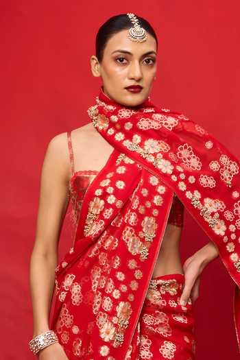 Buy Ekaya Banaras Red Chiffon Banarasi Saree With Running Blouse Online at Aza Fashions Buy_Ekaya Banaras_Red Chiffon Banarasi Saree With Running Blouse _Online_at_Aza_Fashions