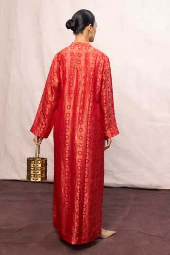 Ekaya Banaras Handwoven Red Silk Embossed Kaftan