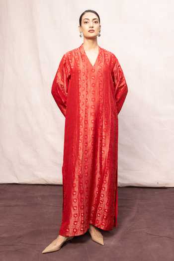 Ekaya Banaras Handwoven Red Silk Embossed Kaftan