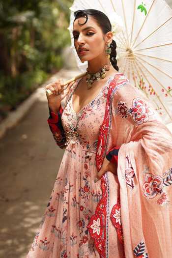 Buy_Aditi Gupta_Pink Georgette, Organza V-neck Floral Print Anarkali With Dupatta _Online_at_Aza_Fashions