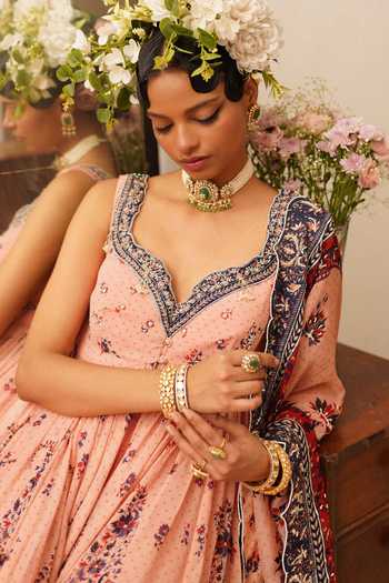 Aditi Gupta_Pink Georgette, Organza Sweetheart Neck Floral Print Anarkali Sharara Set _Online_at_Aza_Fashions