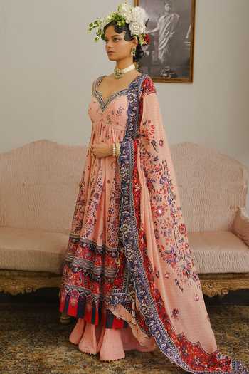 Buy_Aditi Gupta_Pink Georgette, Organza Sweetheart Neck Floral Print Anarkali Sharara Set _Online_at_Aza_Fashions