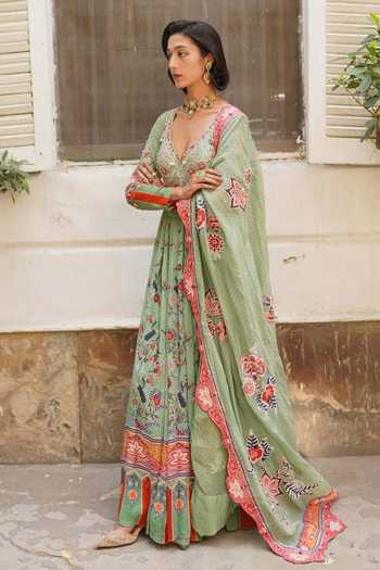 Aditi Gupta_Green Organza, Georgette Scoop Neck Floral Print Anarkali With Dupatta _Online_at_Aza_Fashions