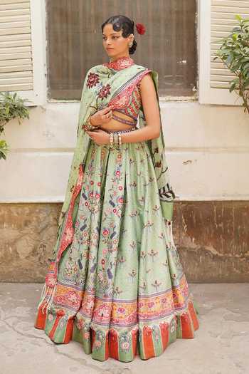 Aditi Gupta_Green Silk, Organza Sweetheart Neck Floral Print Lehenga Set _Online_at_Aza_Fashions